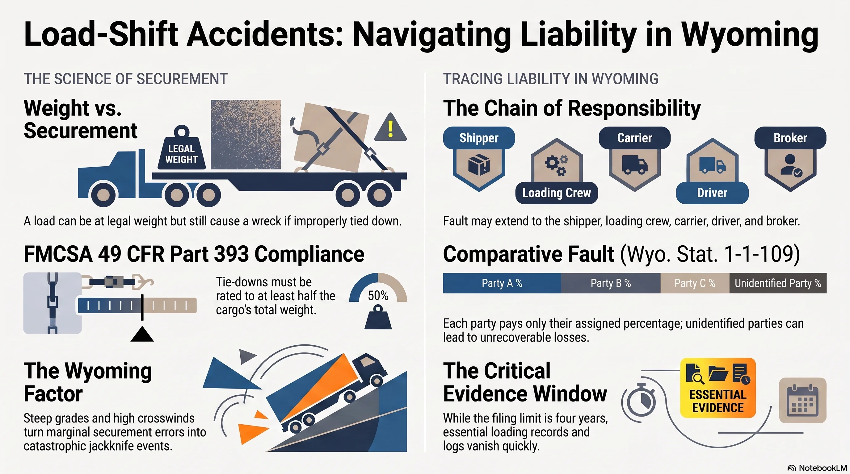 An infographic showing the liability possibilities for load shift trucking accidents in Wyoming