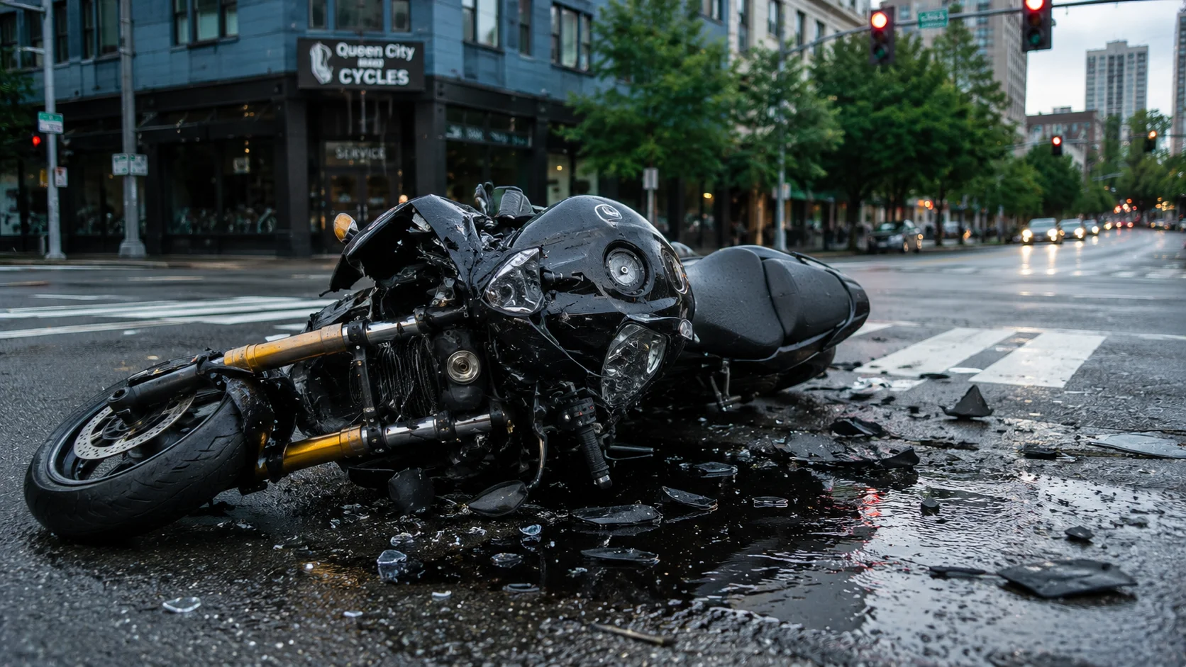 a damaged black motorcycle in the middle of an intersection after a crash