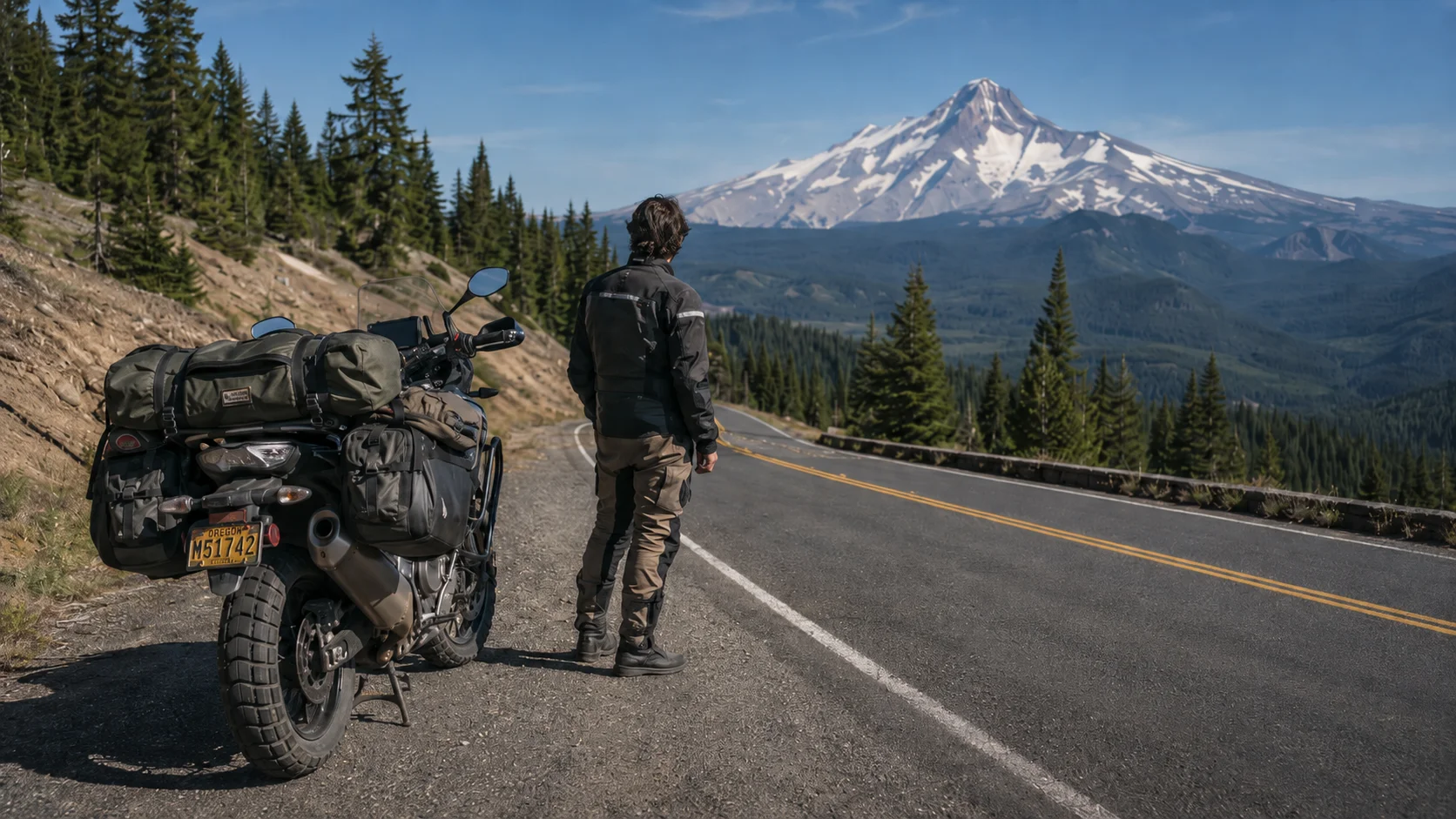 A motorcyclist standing next to his motorcycle packed with camping gear looking at Mt. Hood in the distance