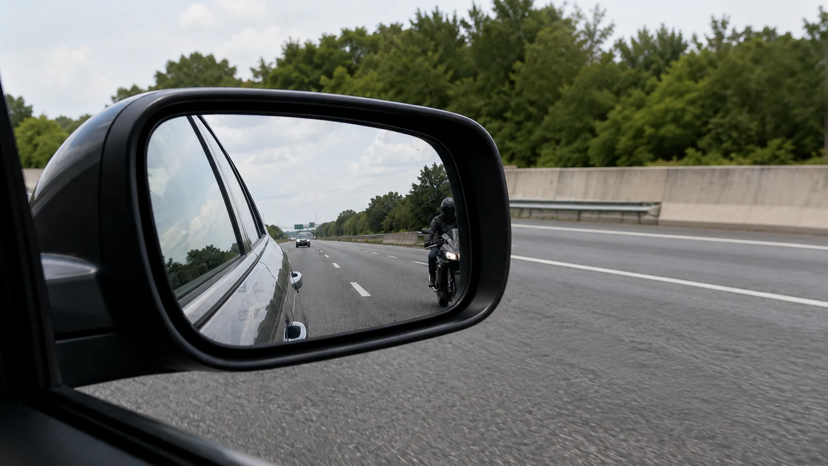 A motorcyclist barely visible in the side mirror of a car because the rider is in the car's blind spot