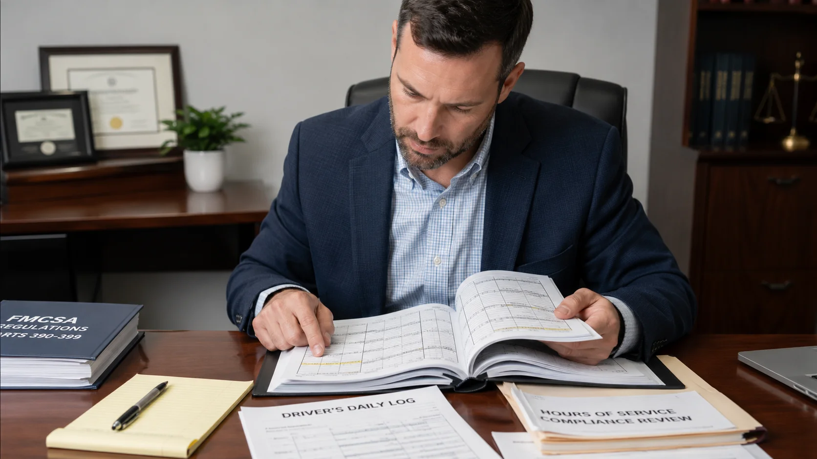 An image of a lawyer reviewing a truck driver's paper log book