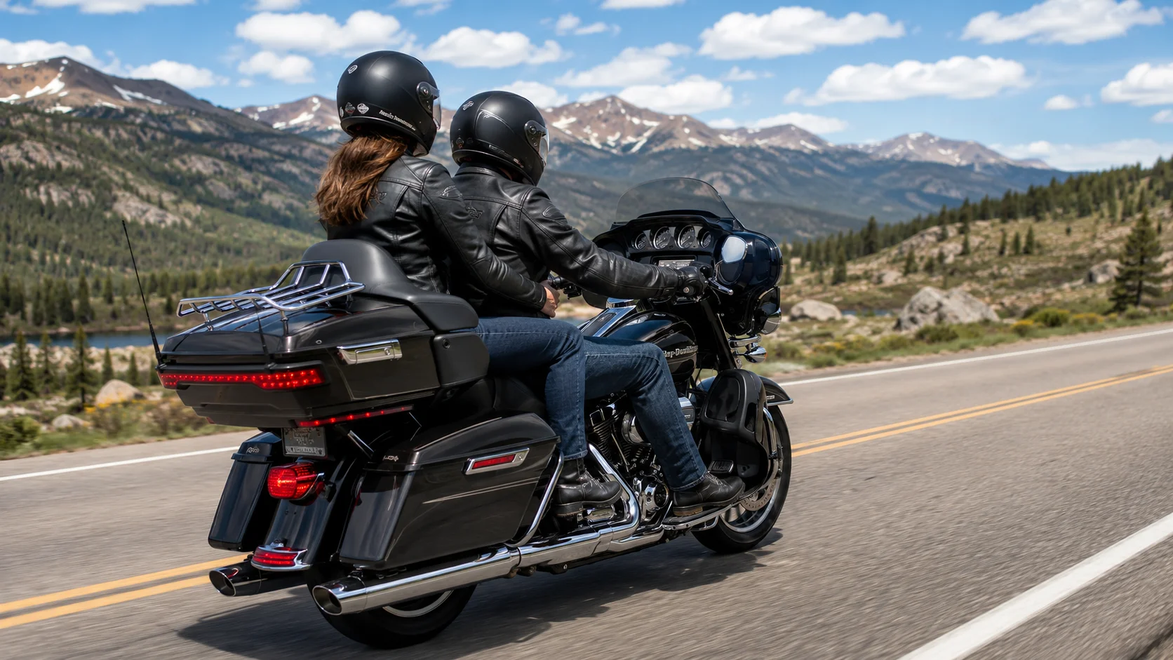 Motorcycle riders riding two-up on a Colorado highway near Fort Collins, Colorado