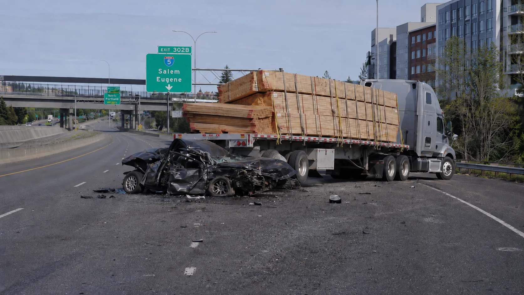 Semi-truck and damaged sedan after a crash on Portland's I-5 freeway