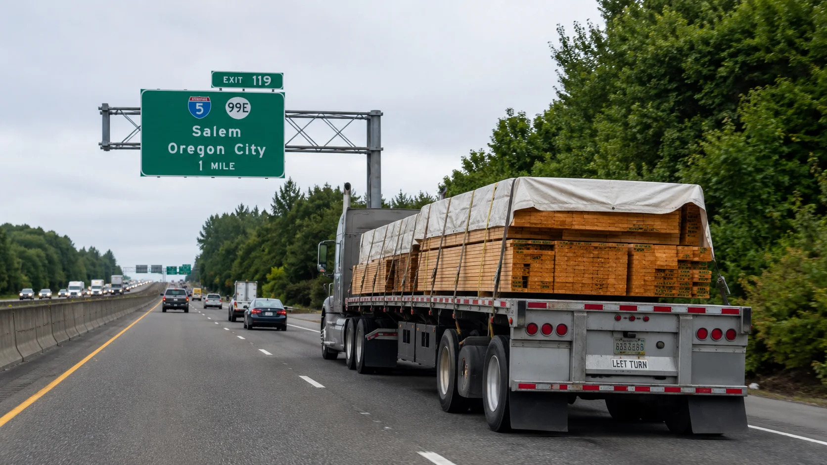 A semi hauling a trailer carrying wood on an Oregon freeway