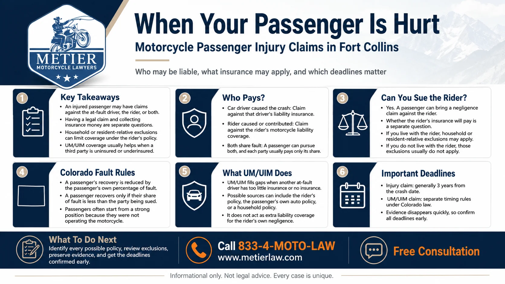 An infographic that gives information on what motorcycle passengers should do for an injury claim if hurt