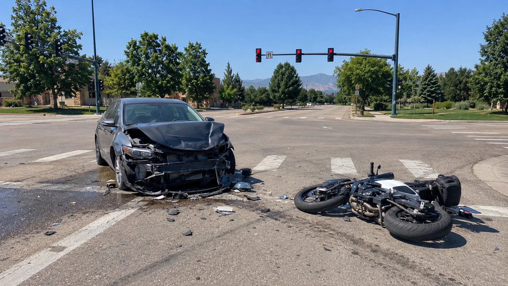 A car vs motorcycle crash scene at a Fort Collins intersection