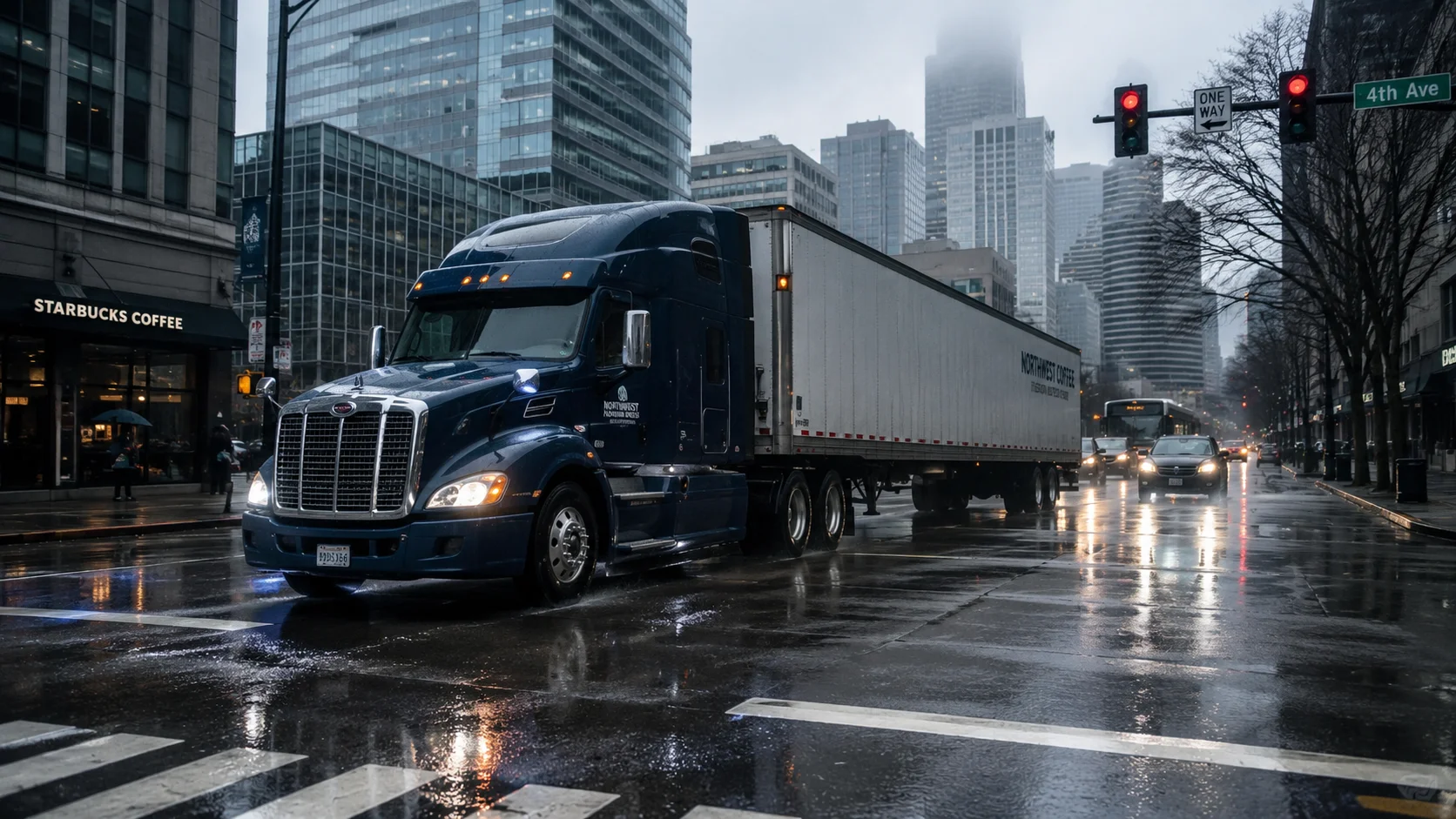 Semi-truck at a Seattle intersection in wet conditions