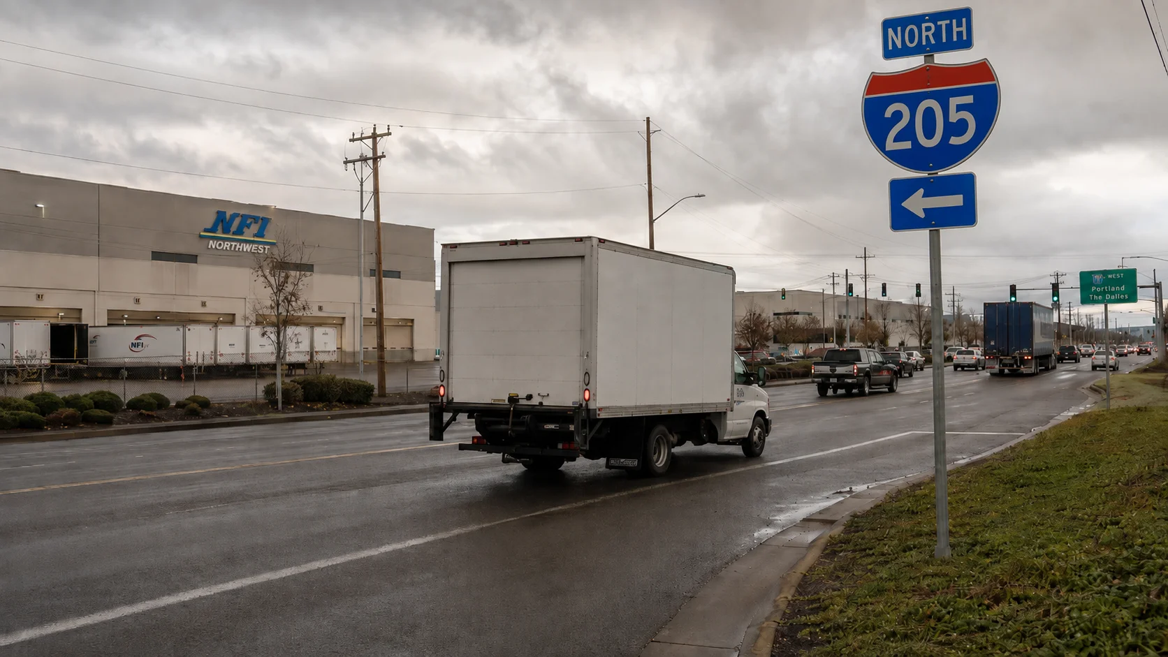 Box truck on a Portland I-205 freight corridor 