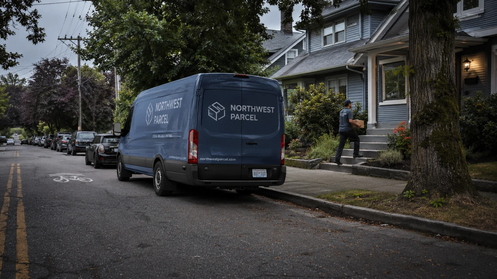 Delivery van double-parked on a Portland street illustrating last-mile truck accident liability