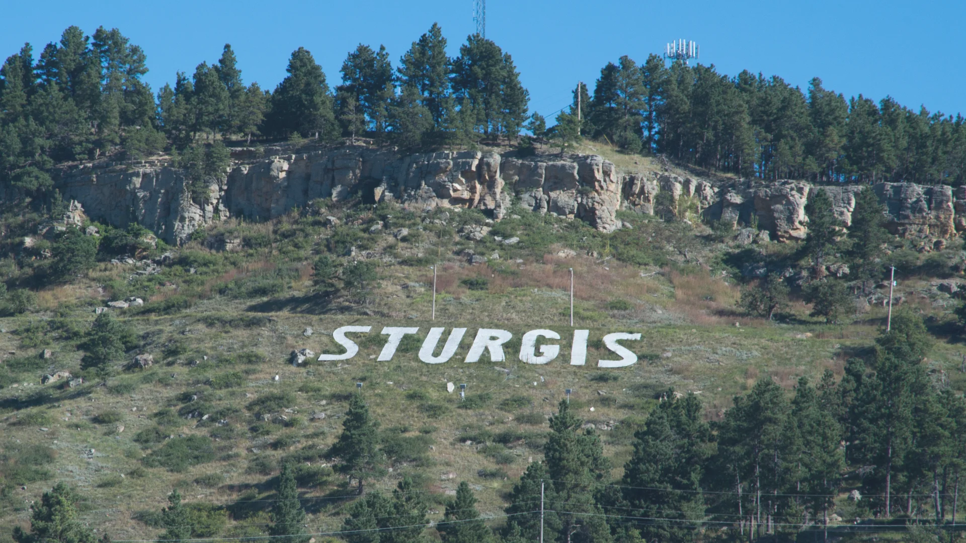 The word "STURGIS" on the side of a hill just outside of Sturgis, South Dakota