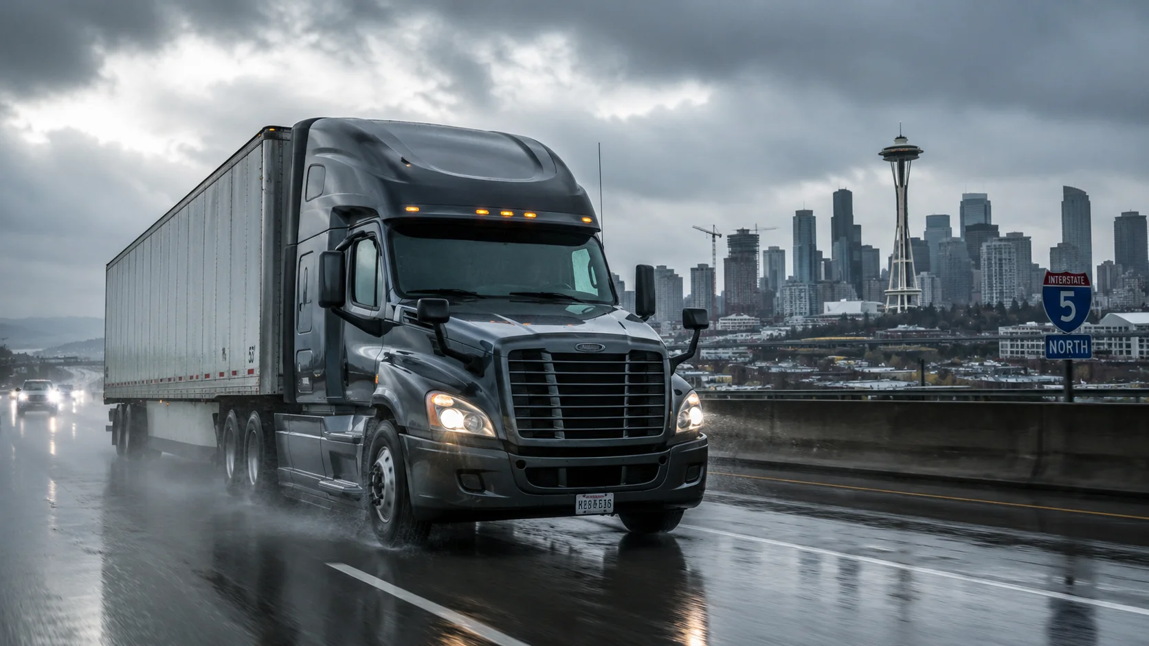 Semi-truck on I-5 near the Seattle skyline, the setting for many Seattle truck accident claims