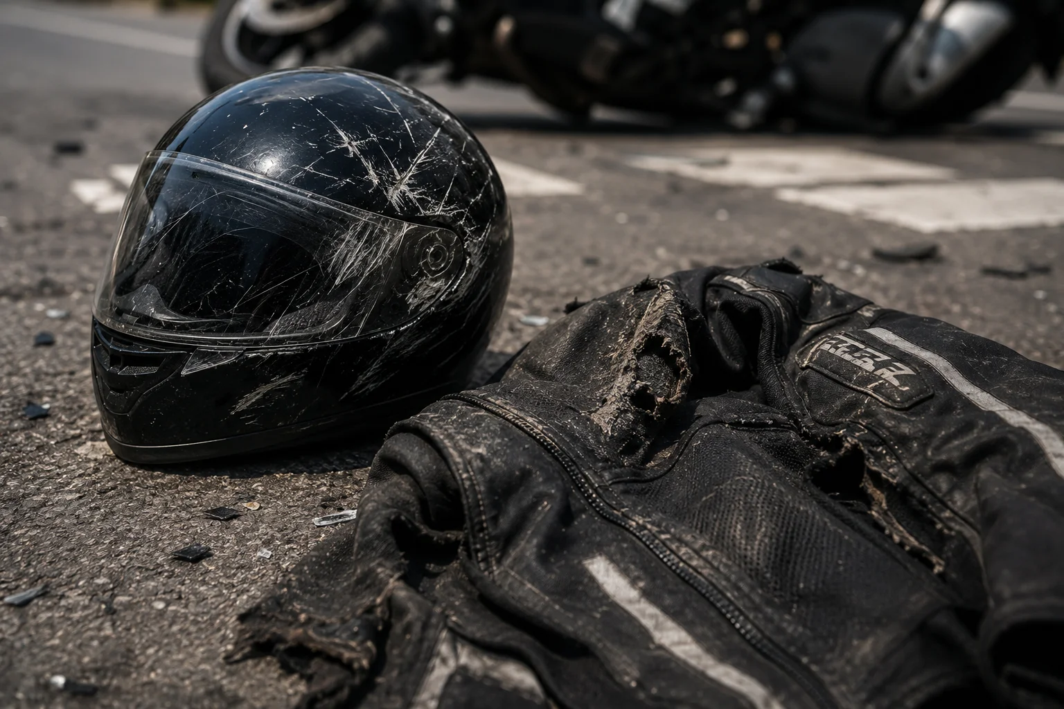 Damaged helmet and gear after a highside motorcycle crash showing impact forces on a thrown rider