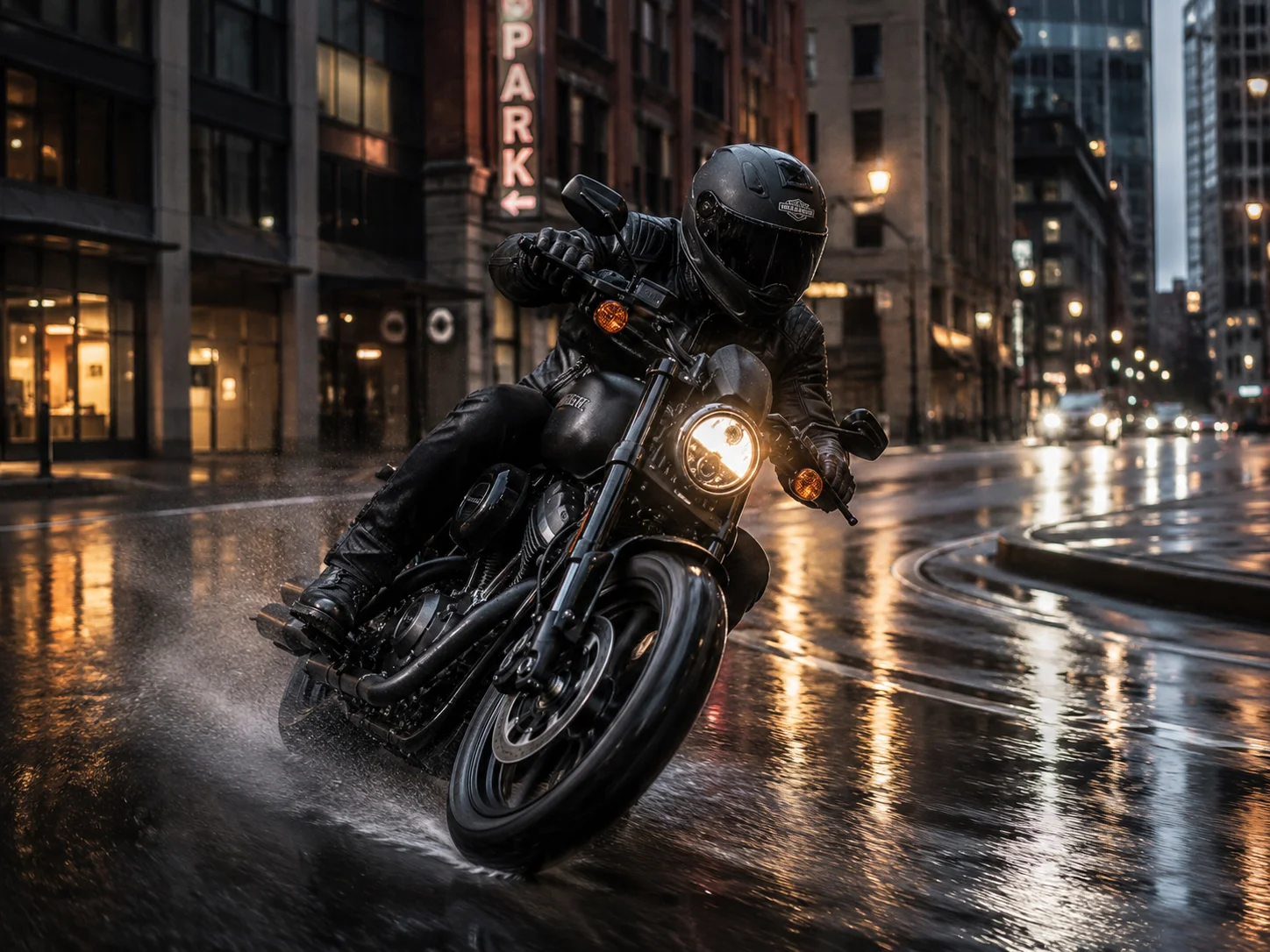 Motorcycle cornering on a wet Seattle road where traction loss can cause a lowside or highside crash.