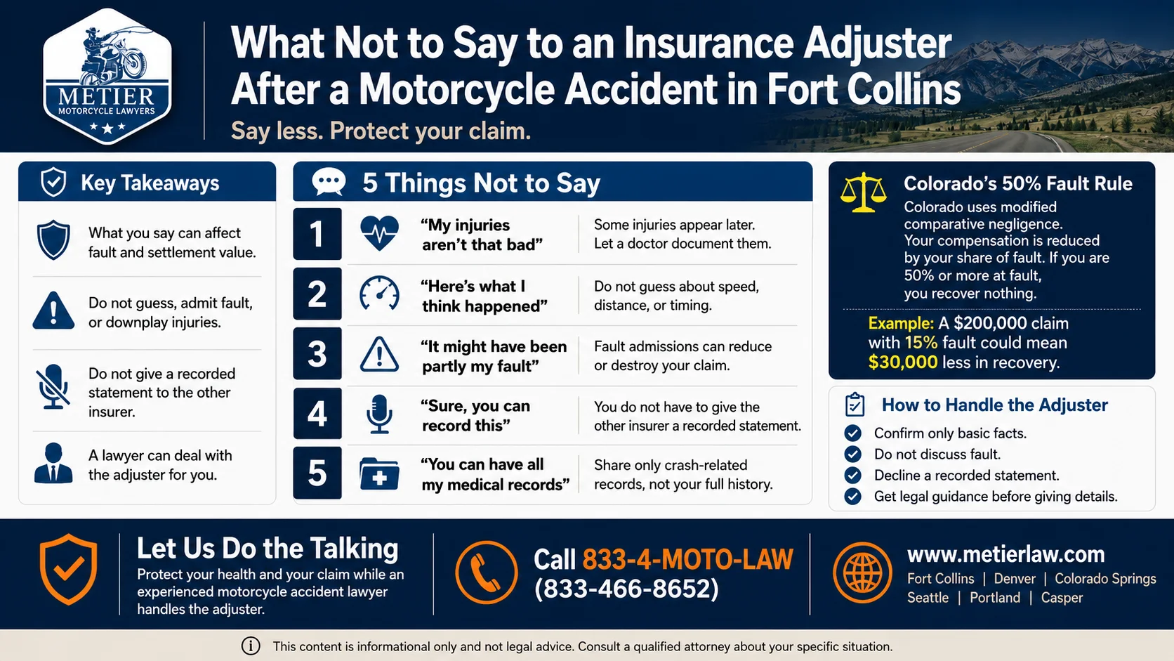 An infographic detailing what not to say to an insurance adjuster after a Fort Collins Motorcycle accident