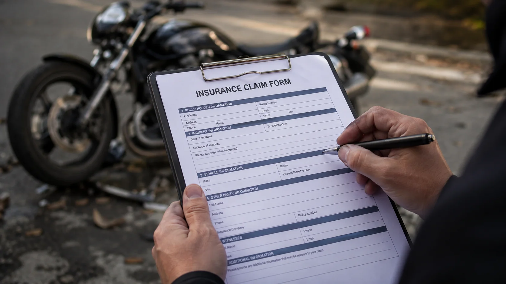 A Fort Collins insurance adjuster filling out an insurance claim form after a motorcycle crash