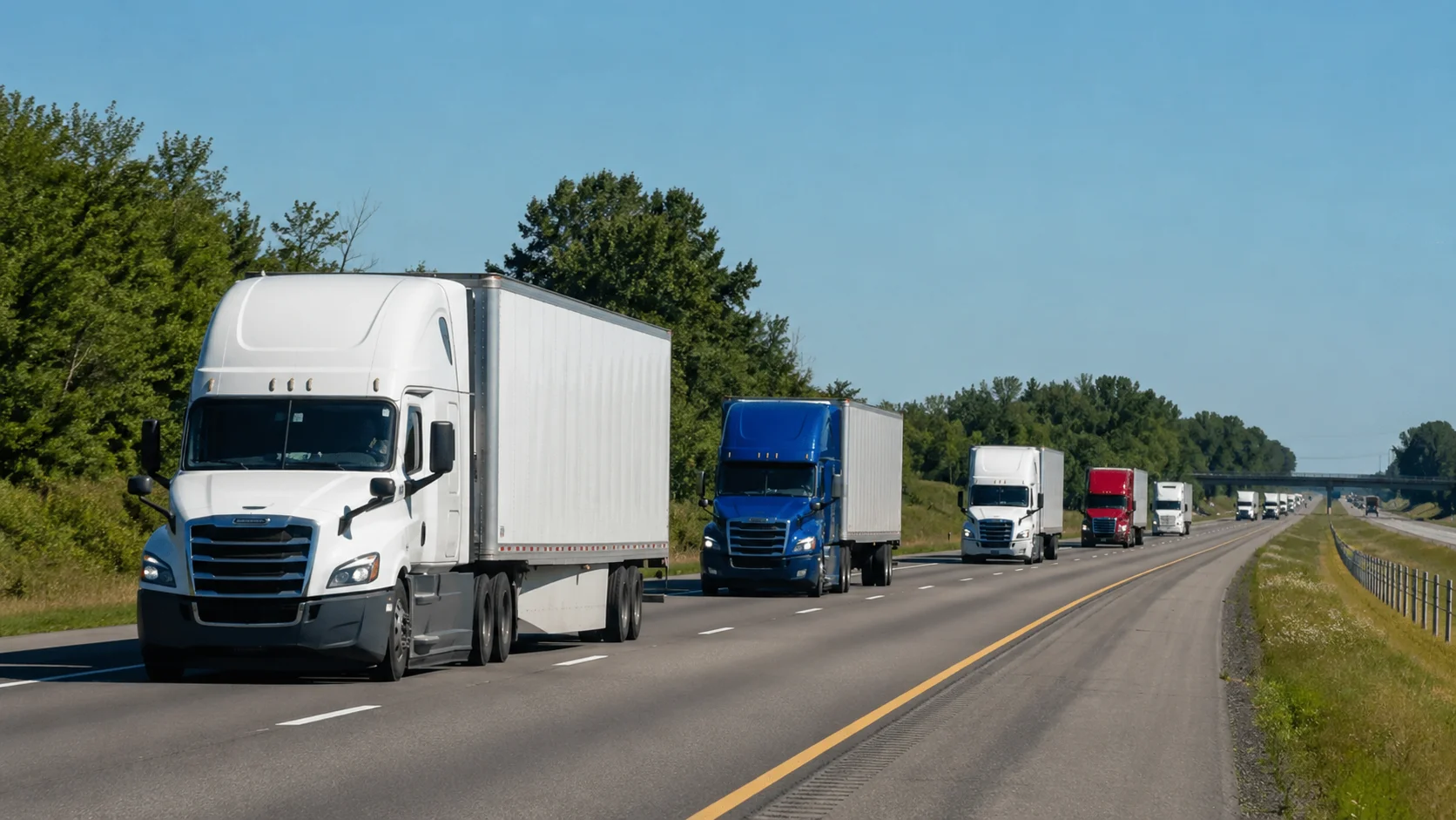 Semi-trucks on a U.S. interstate affected by pending trucking regulations in 2026