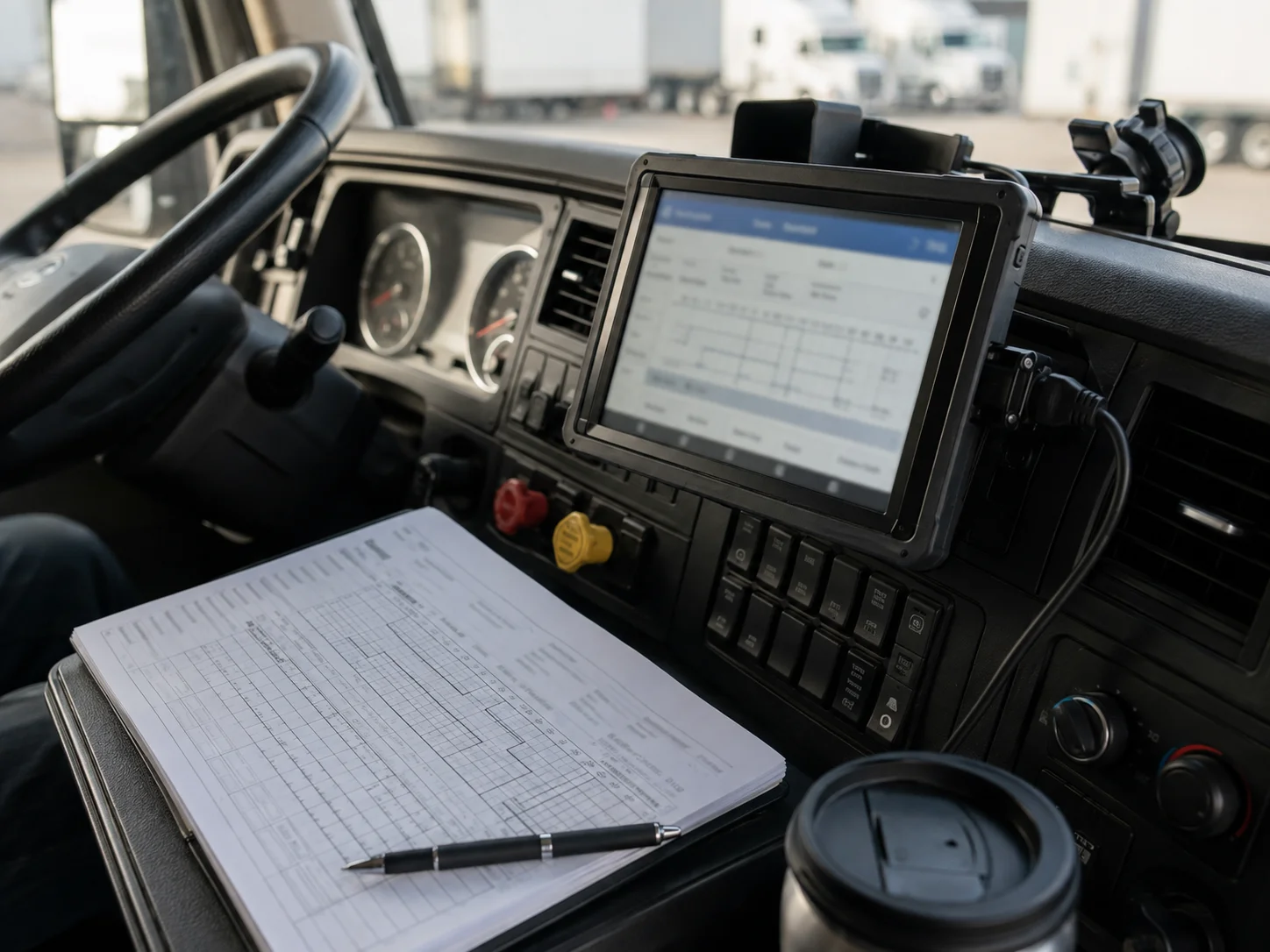 Electronic logging device and driver logbook recording hours of service in a commercial truck cab
