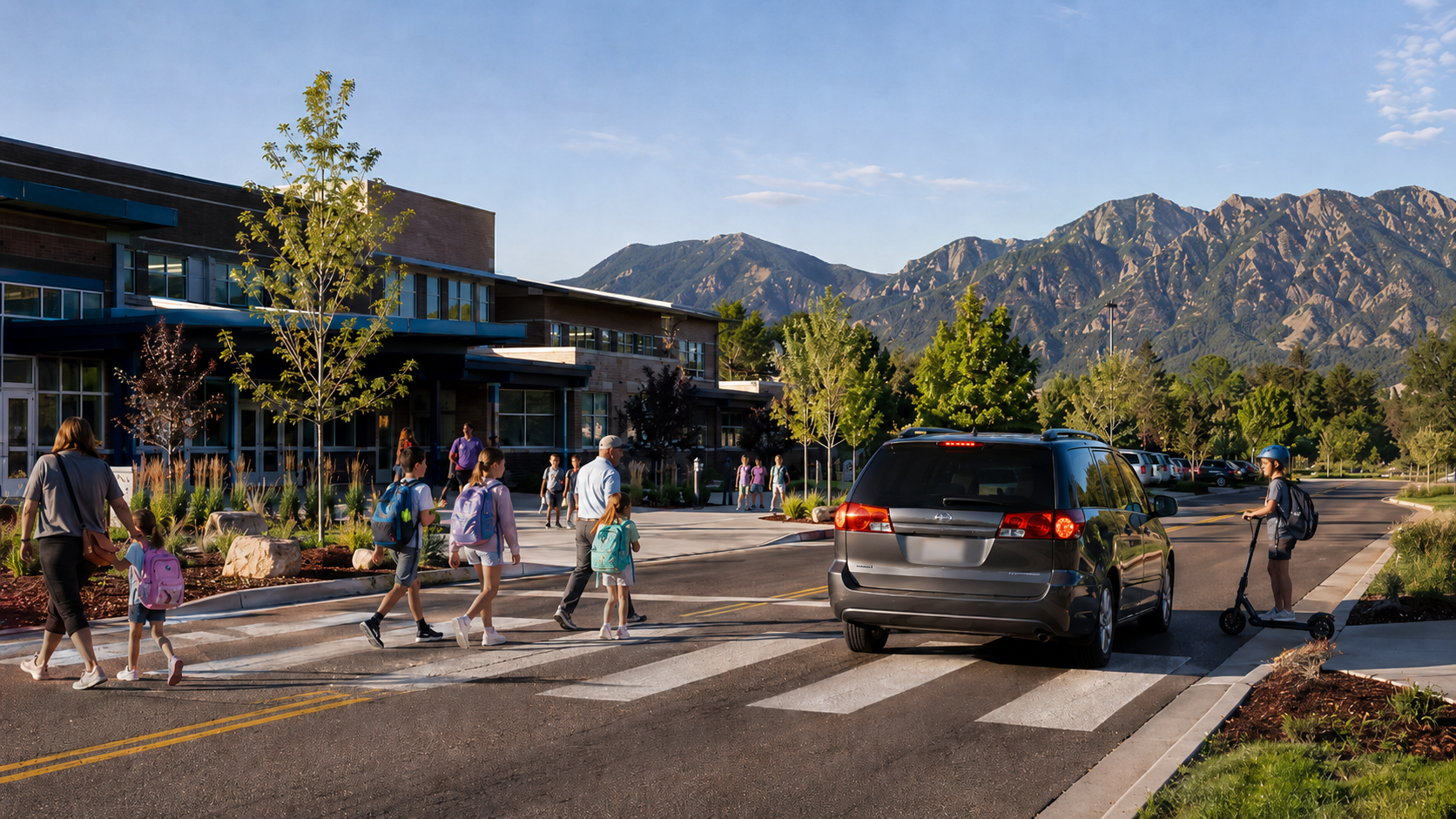 Morning arrival outside a Colorado school shows a 10 mph school street, a marked crosswalk, and drivers yielding to children, parents, and a rider on a bike or e-scooter.