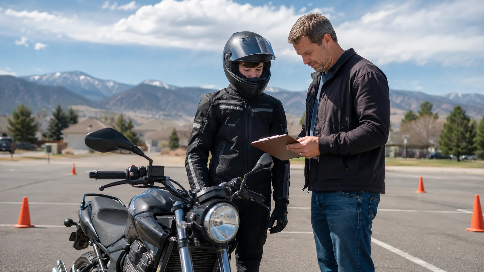 A parent reviews a motorcycle permit document with a teenage rider wearing full protective gear beside a motorcycle in Colorado.