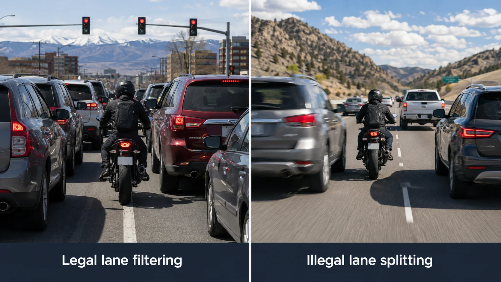 Comparison of legal lane filtering between stopped cars and illegal lane splitting between moving traffic in Colorado.