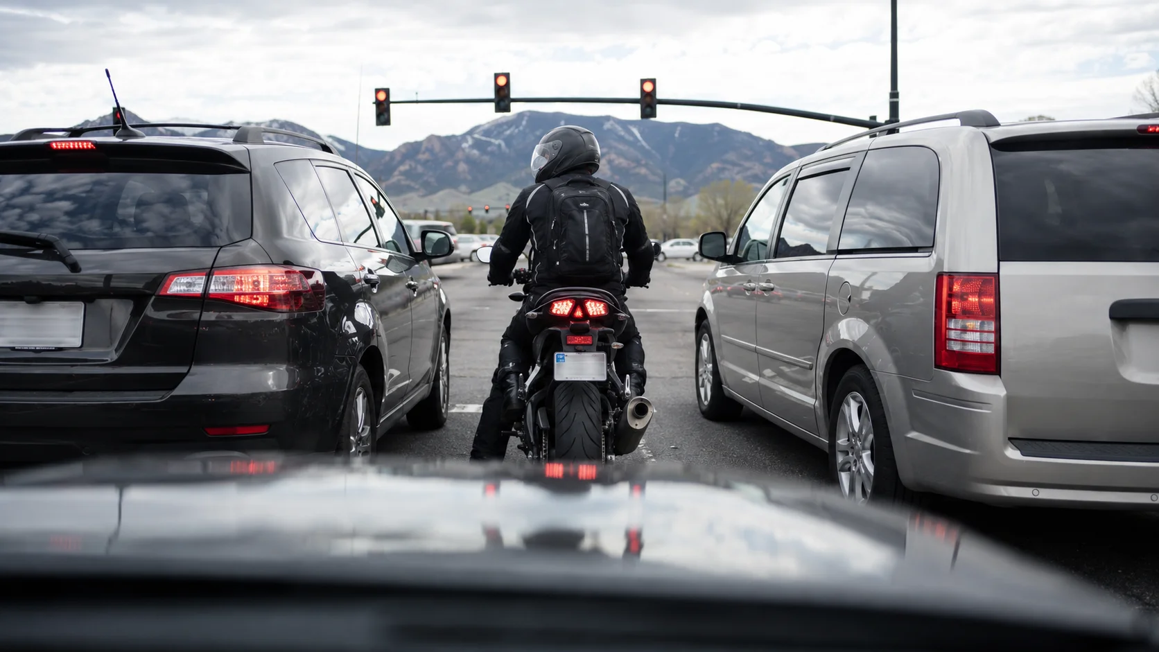 Motorcycle rider legally lane filtering between completely stopped vehicles at a red light in Colorado.