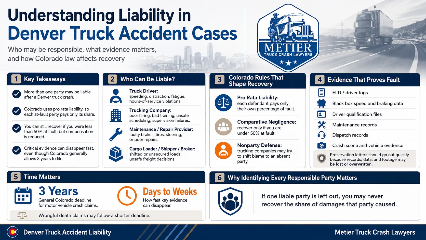 Infographic explaining Denver truck accident liability, including responsible parties, Colorado fault rules, evidence preservation, and filing deadlines.