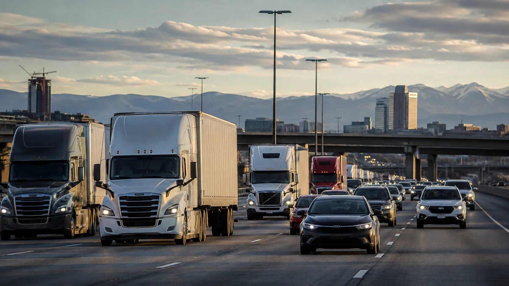 Semi-trucks and passenger vehicles sharing a busy Denver highway with the Front Range in the background, highlighting the risks along major freight corridors.