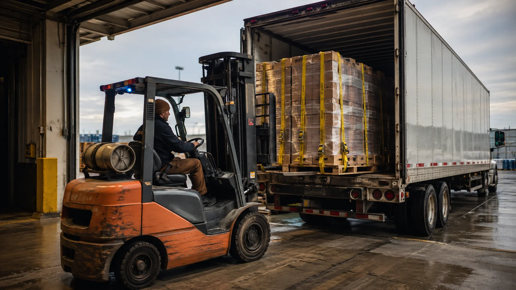Forklift loading secured freight into a semi-trailer, illustrating how cargo loaders and shippers can share liability for unsafe truck loads.