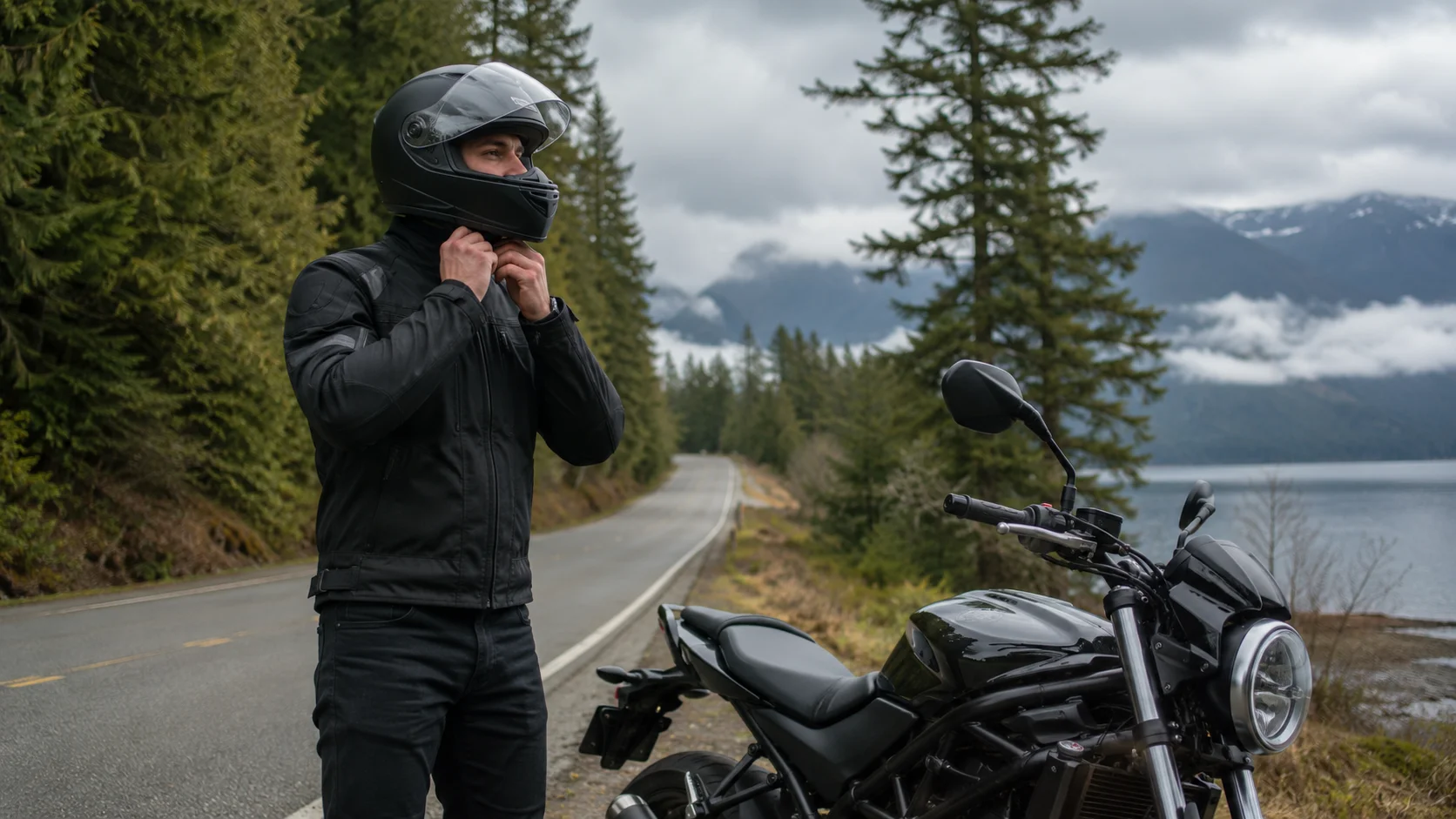 Motorcycle rider fastening a full-face helmet beside a parked motorcycle on a scenic Washington road.