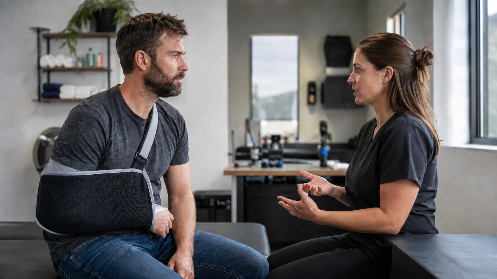 Injured motorcycle rider wearing an arm sling while speaking with a healthcare professional during a follow-up appointment.