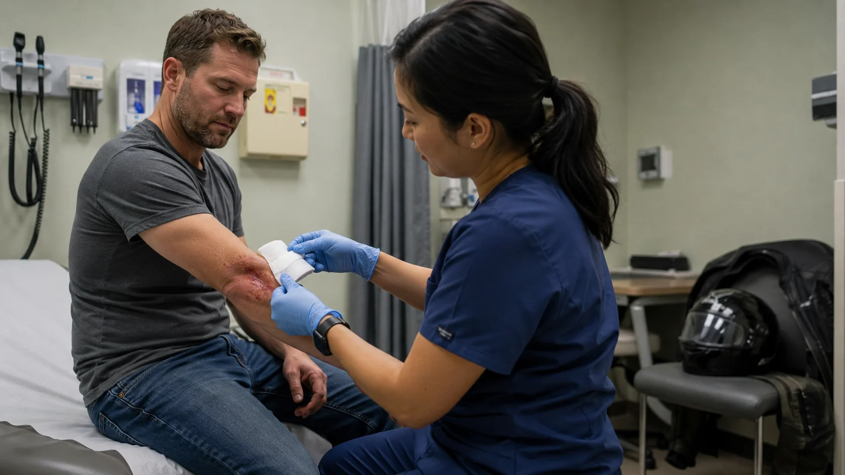 Medical professional treating road rash on a motorcycle rider’s arm in a clinic examination room.
