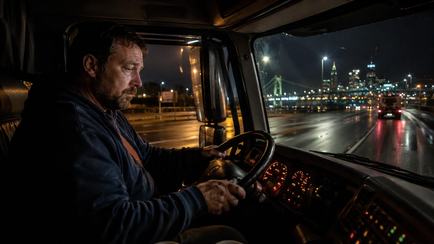 Tired commercial truck driver behind the wheel at night on a wet Portland roadway, illustrating the dangers of truck driver fatigue