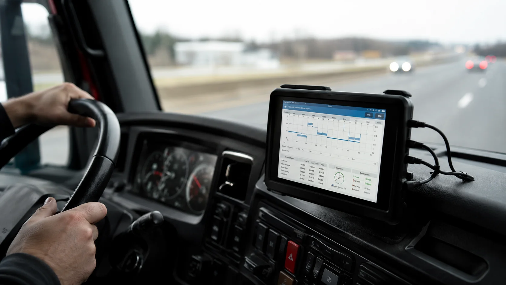 Electronic logging device mounted inside a semi-truck cab displaying driver hours-of-service records while the truck travels on the highway