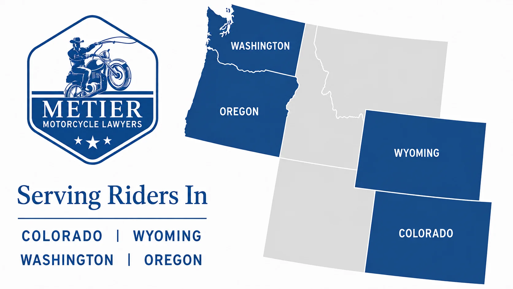 A map showing the four states Metier Motorcycle Lawyers has offices in