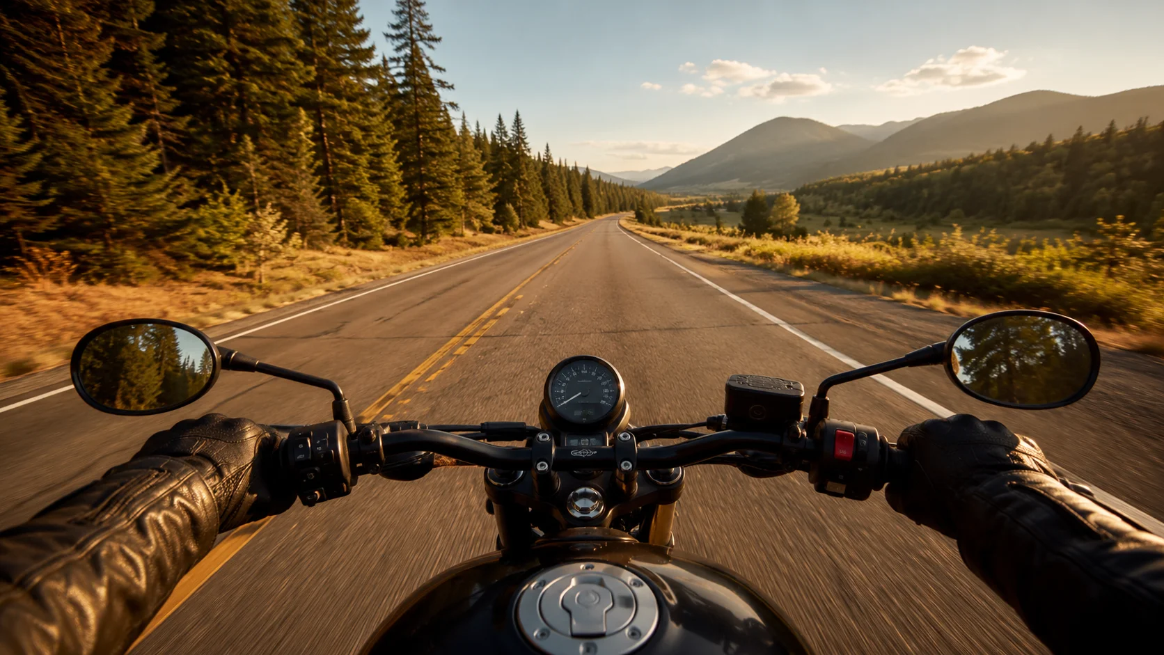 A POV view of a motorcycle rider in a rural forest highway in the western United States