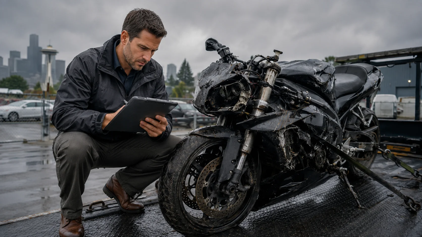 An insurance adjuster examining a totaled motorcycle on a flatbed trailer