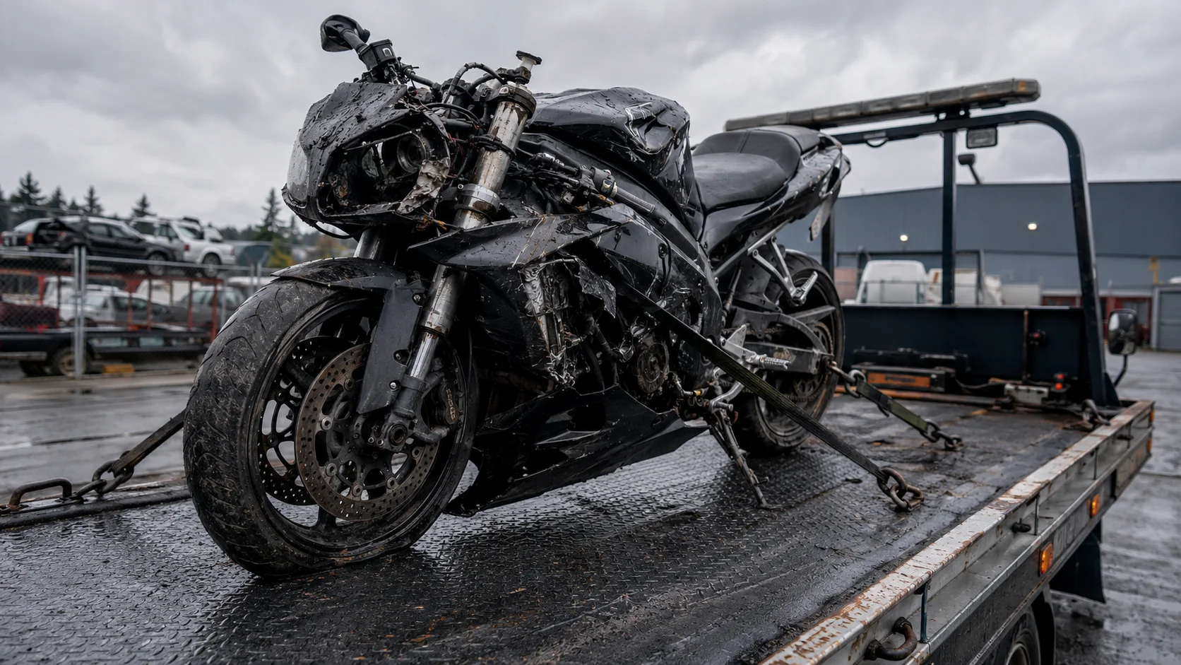 A totaled motorcycle on a flatbed tow truck