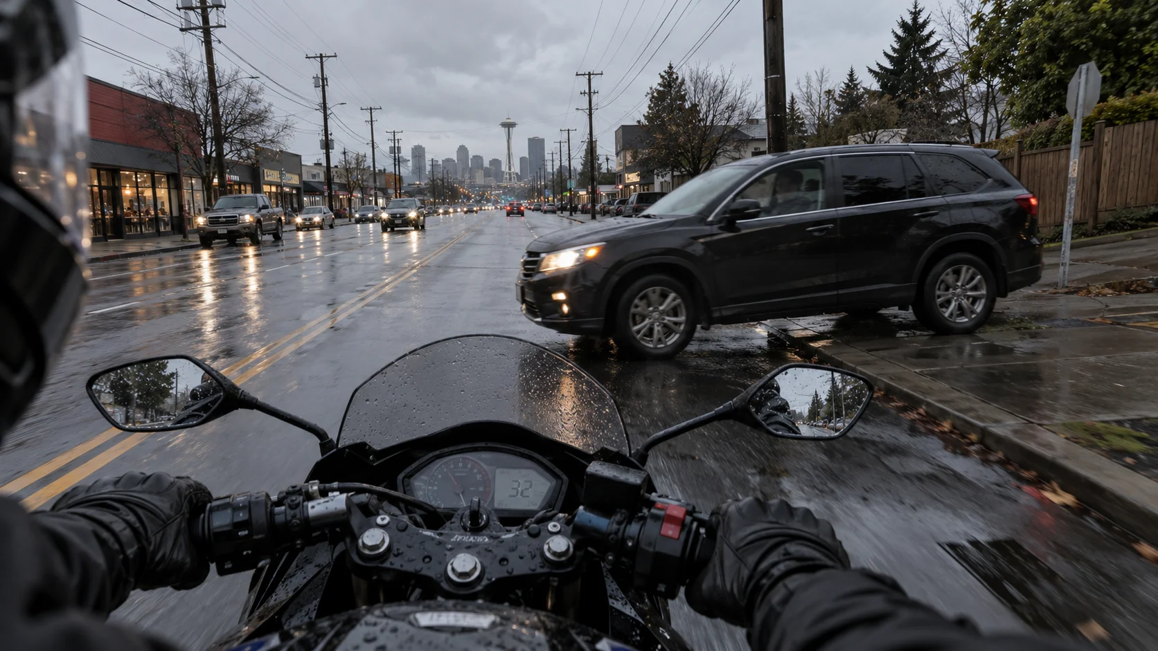 A car about to make a left hand turn in front of an oncoming motorcycle