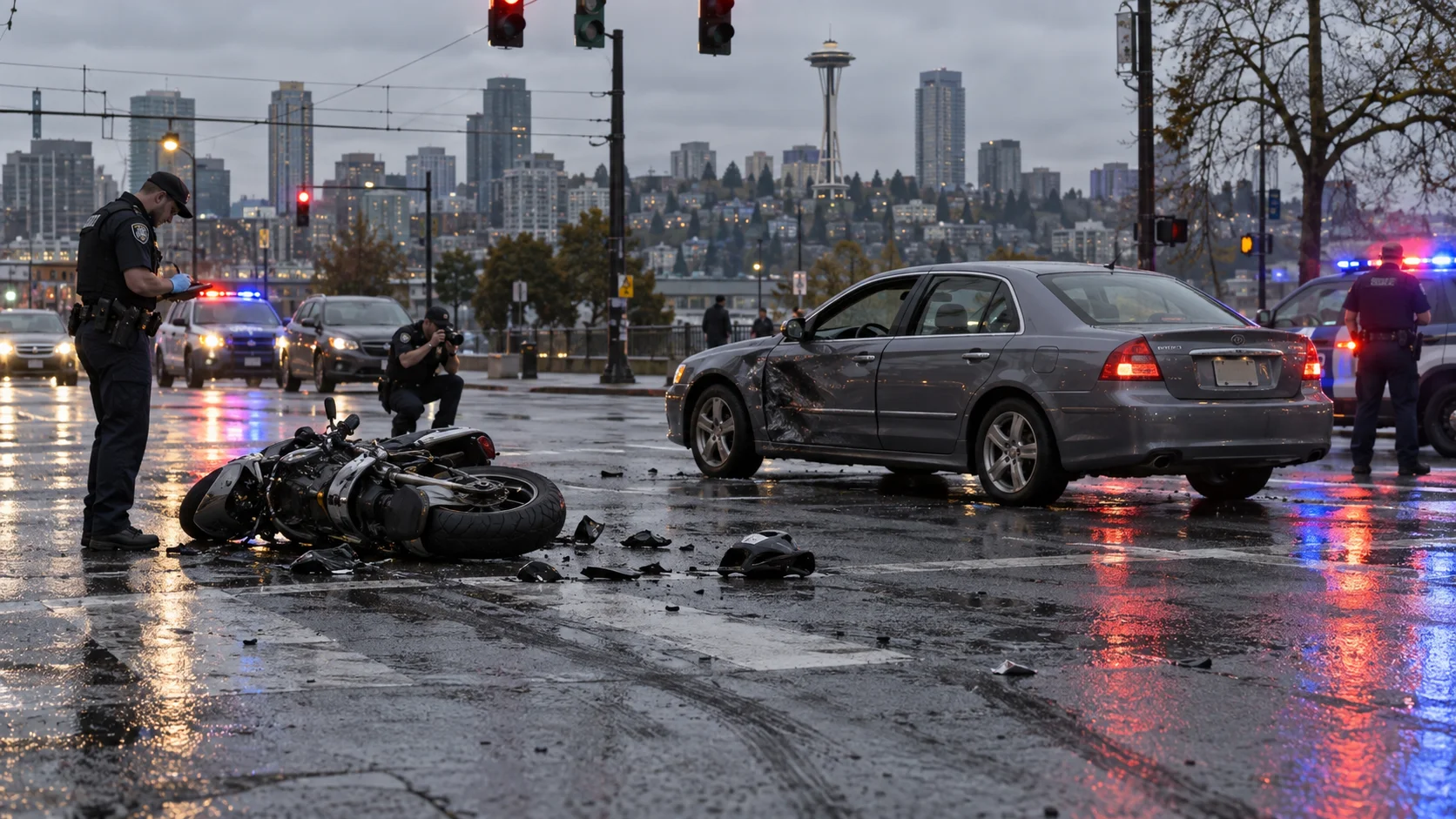 A Seattle crash scene where a car has hit a motorcycle with police officers taking notes and pictures.
