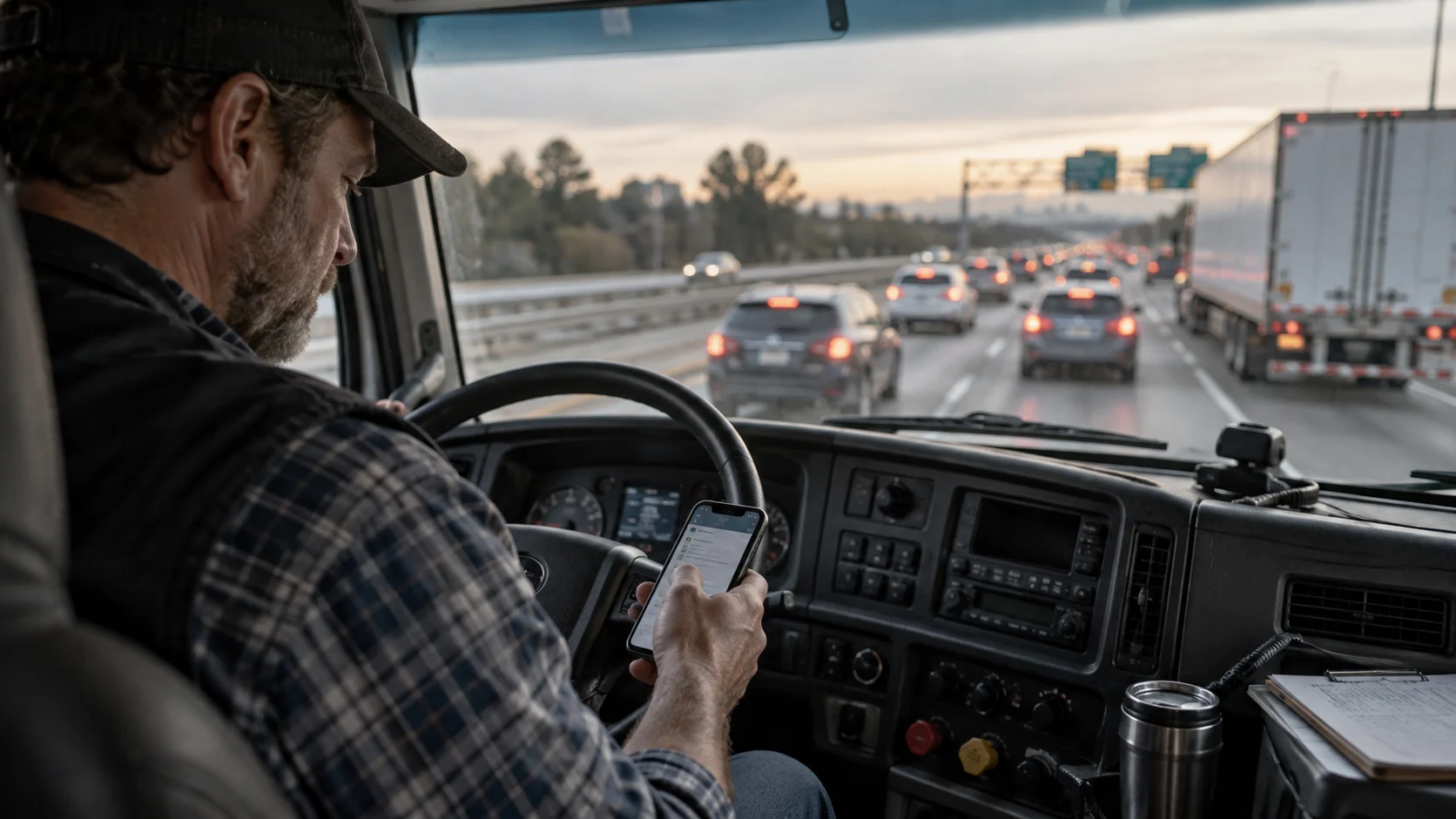 A truck driver textimg while driving in freeway traffic