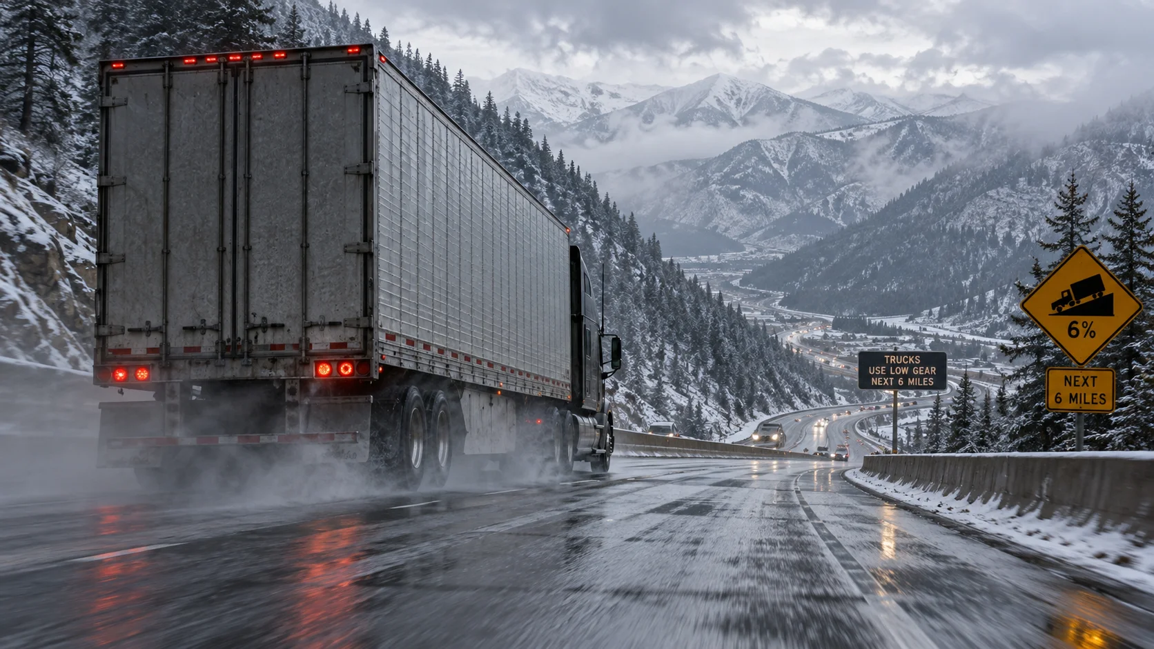 A truck coming down a freeway mountain pass too fast