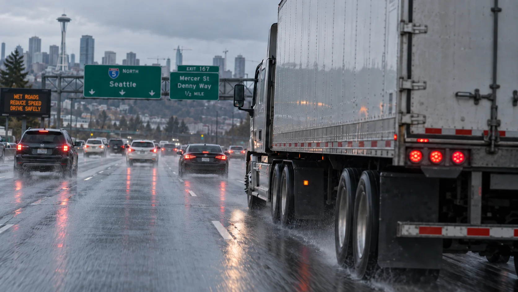 A semi truck driving down Interstate 5 with wet road conditions