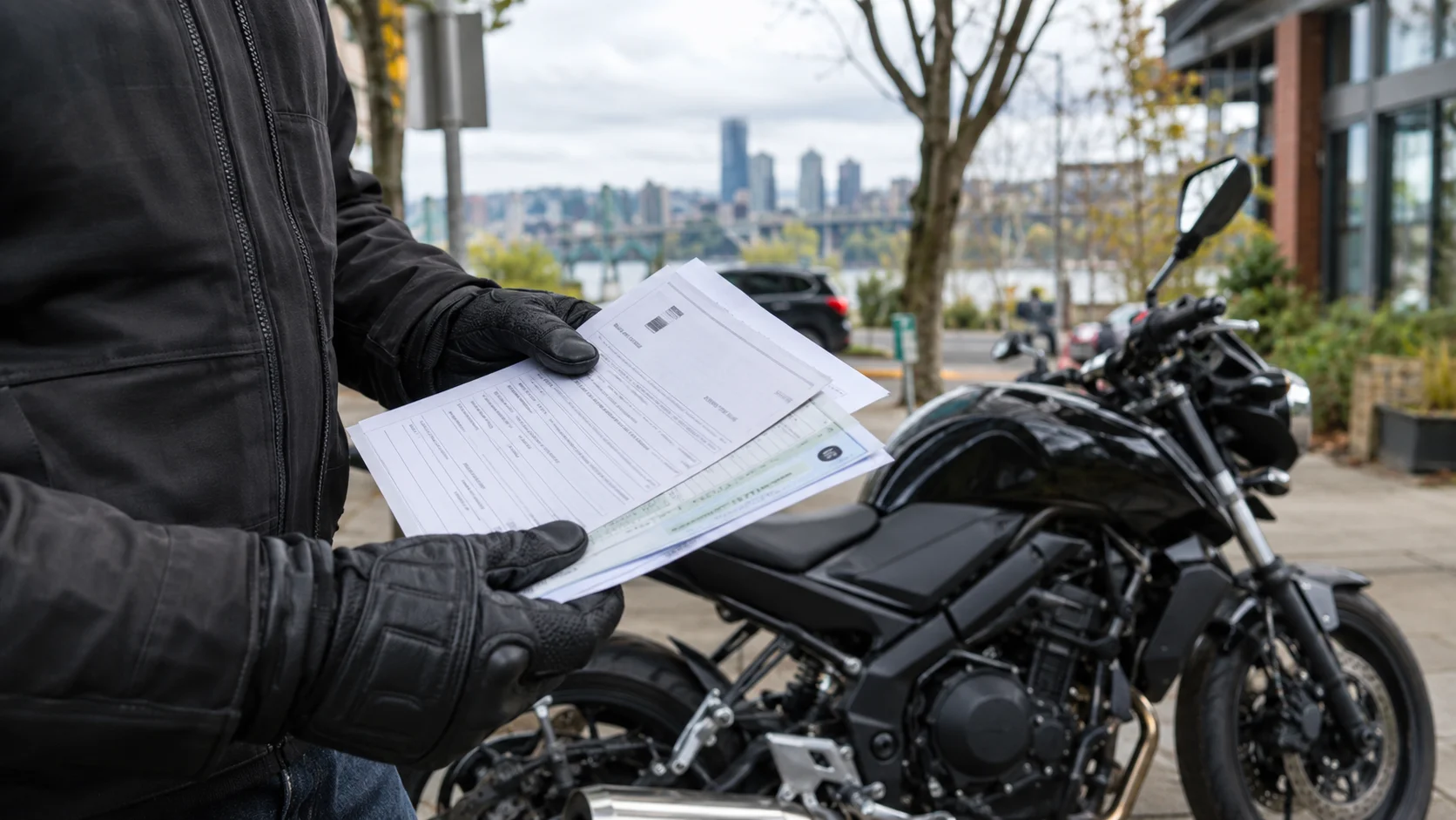 Motorcycle rider reviewing insurance and registration documents beside a parked motorcycle near the Portland waterfront.