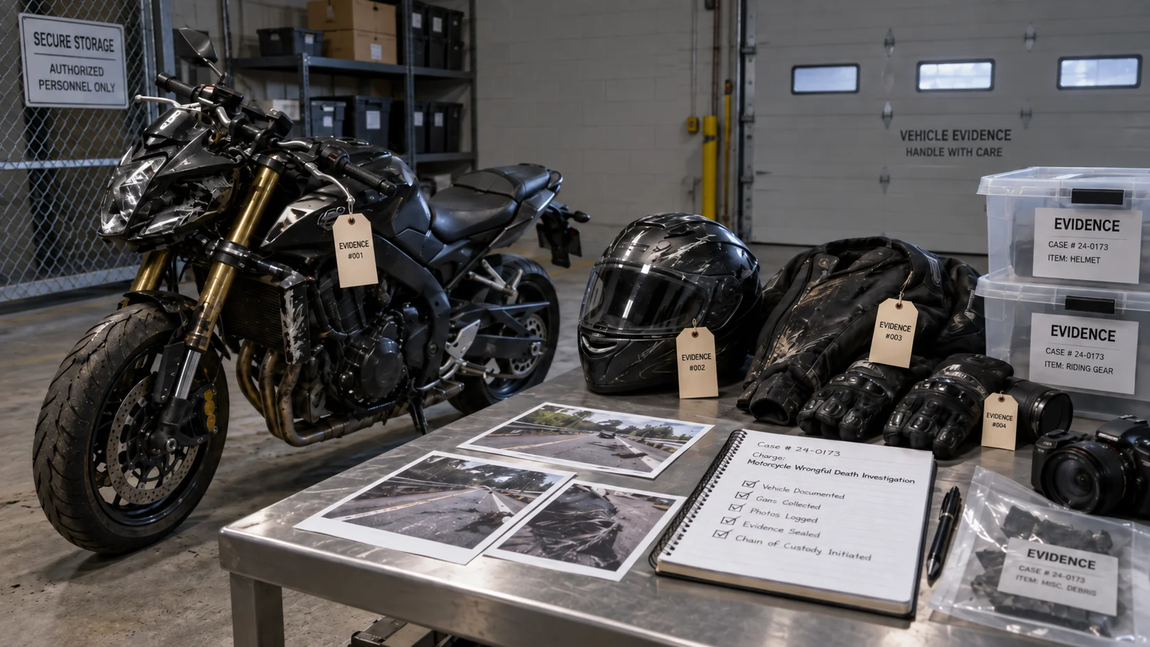 Damaged motorcycle, helmet, riding gear, crash photos, and tagged evidence preserved in a secure evidence storage facility for an Oregon motorcycle wrongful death investigation.