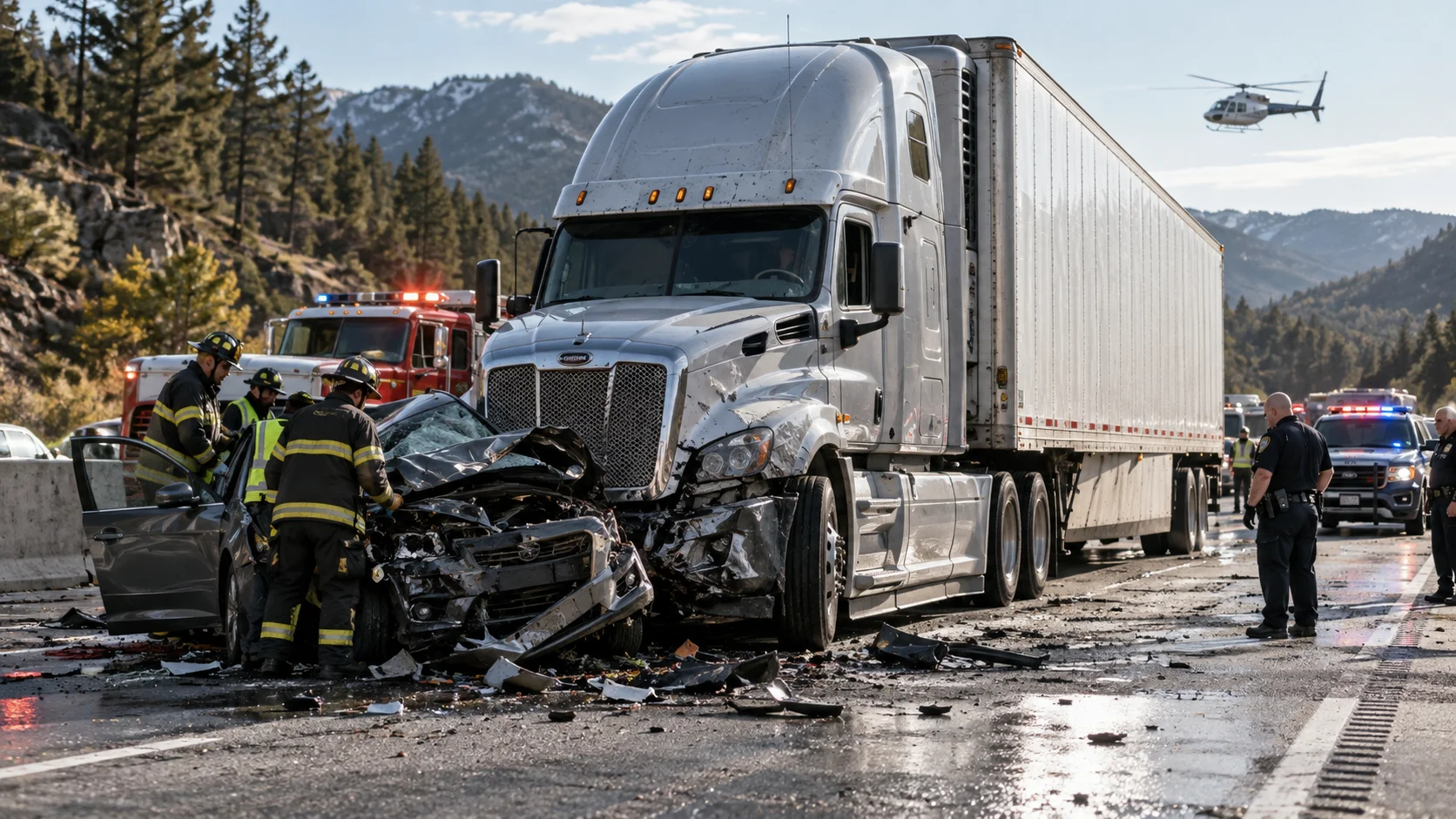 Emergency responders investigate a severe semi-truck and passenger vehicle crash on a mountain highway.