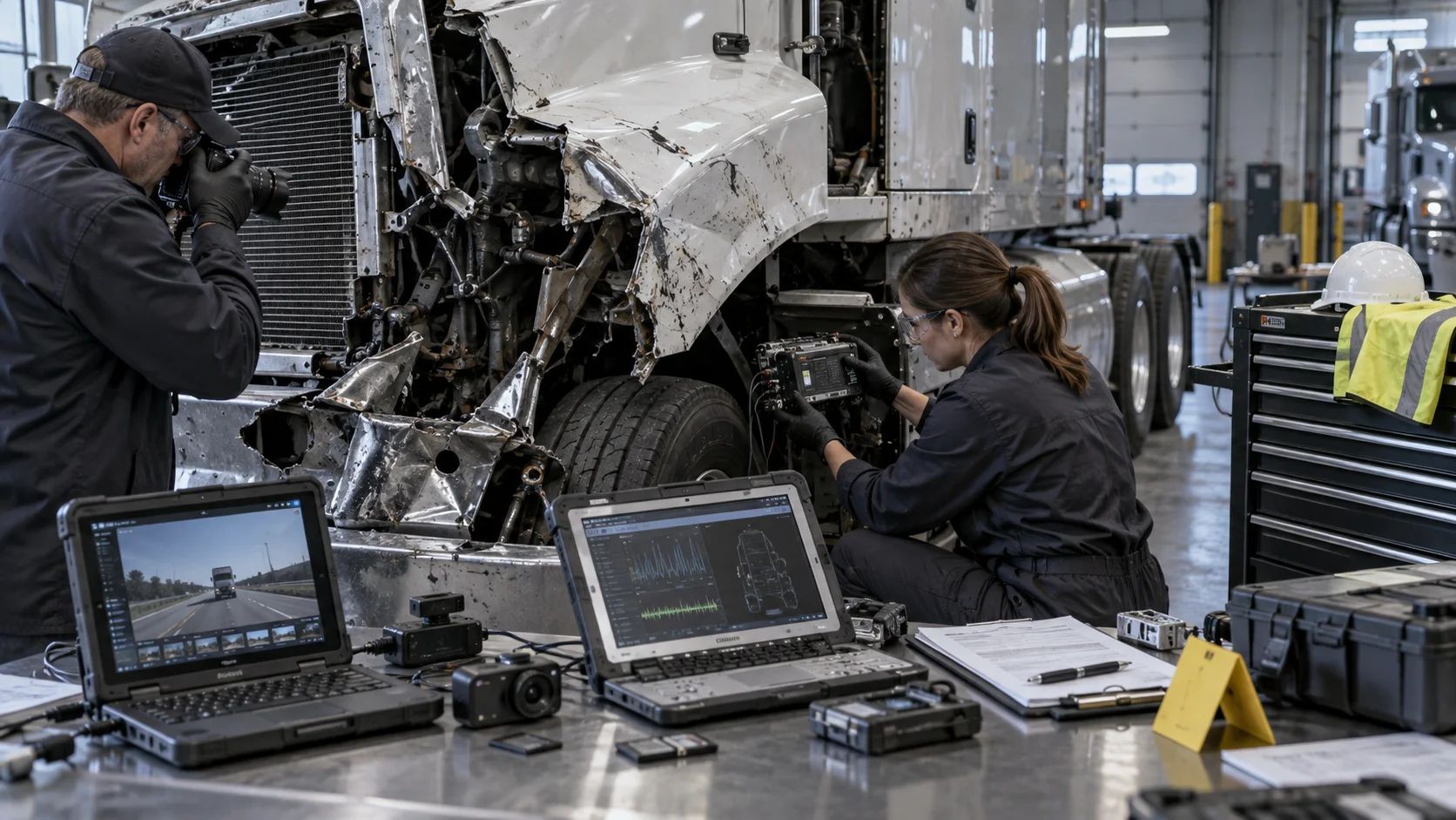 Truck crash investigators examine a damaged tractor-trailer and download electronic black box data after an accident.