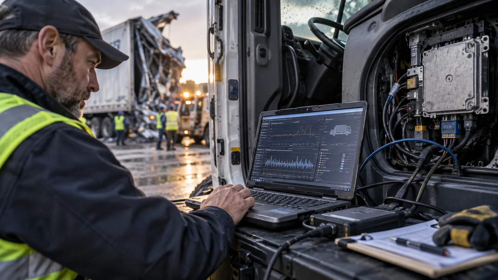 Technician downloading engine control module and black box data from a commercial truck after a serious crash.