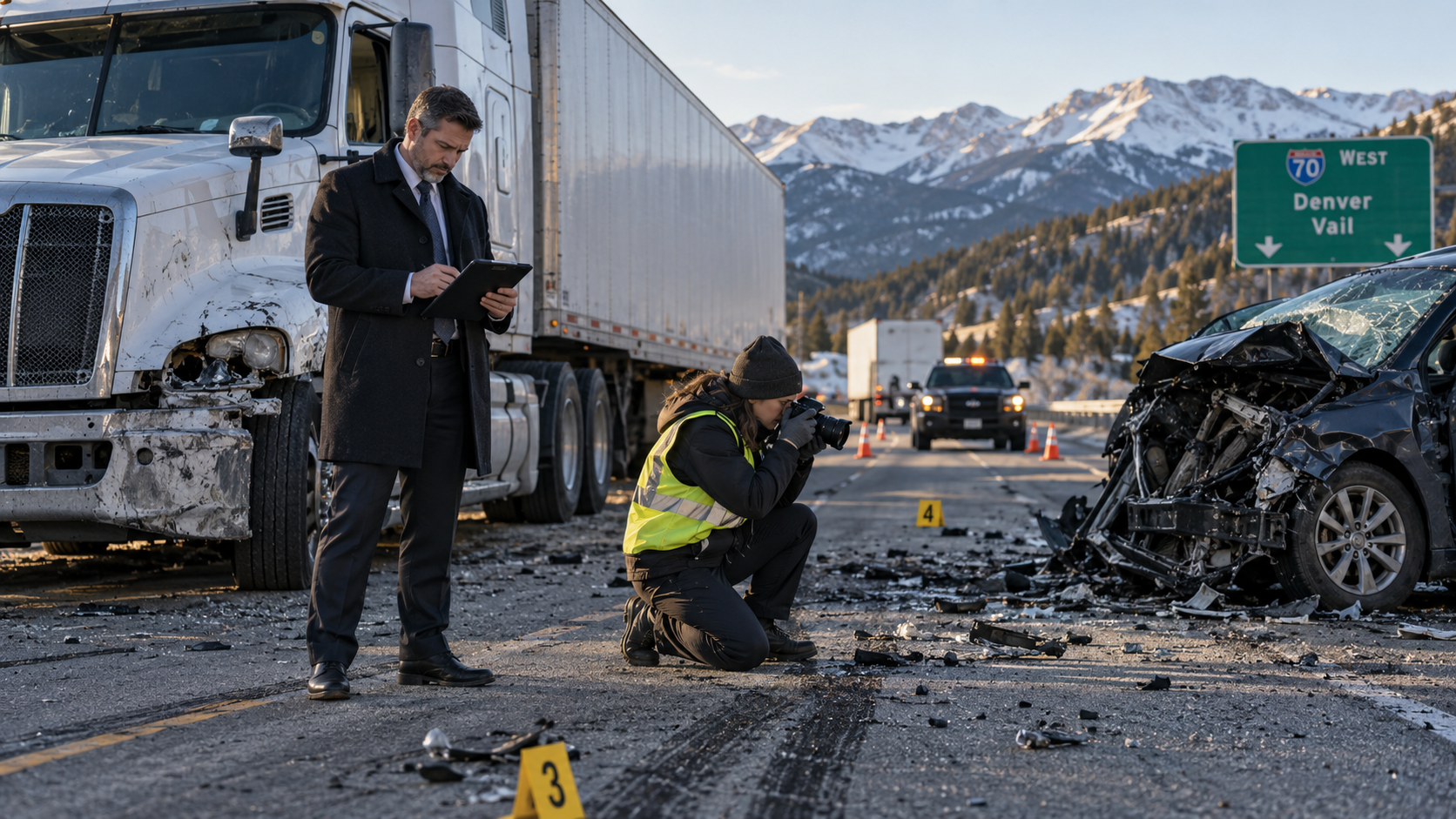 Lawyer for a trucking company and accident investigator examining evidence after a semi-truck crash on I-70 in the Colorado mountains.