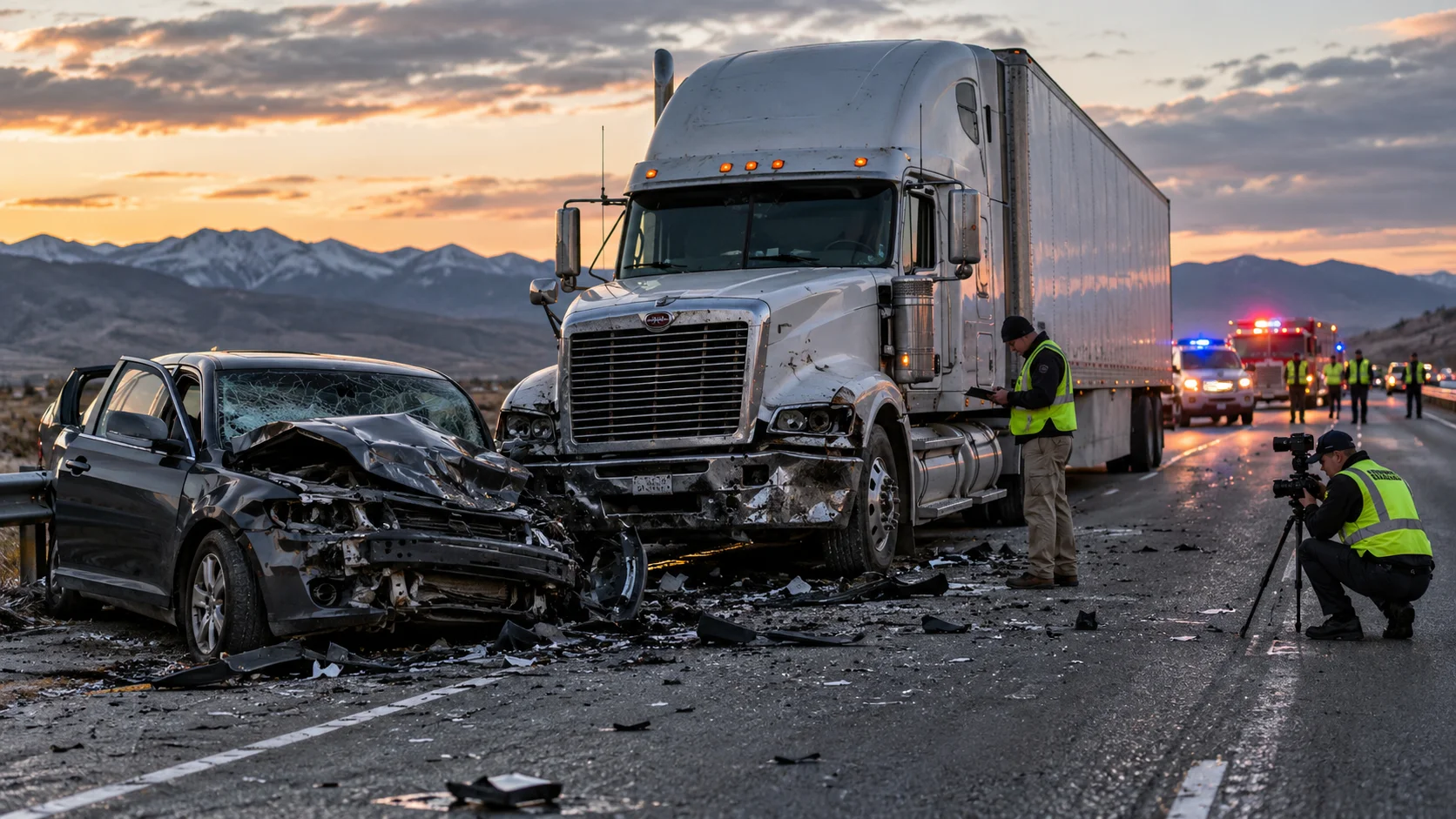 A truck accident between a car and a semi truck with first responders