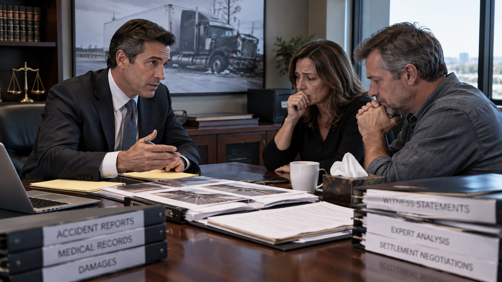 A truck accident lawyer with a husband and wife in a legal office setting